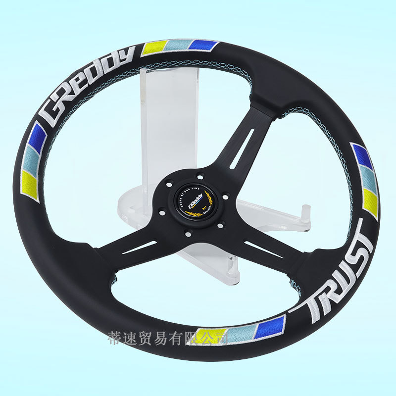 Factory direct sale GREDDY modified 14inch genuine leather steering wheel, personalized universal concave three-color stripe embroidered steering wheel