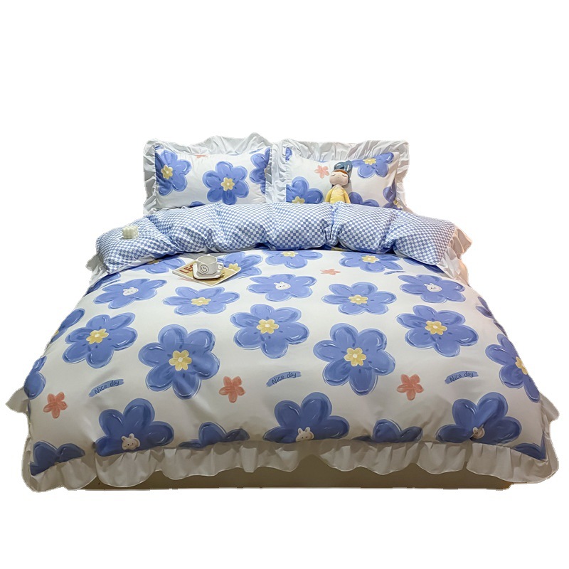 韩式公主风四件套小清新ab版印花百褶花边磨毛床品被套床裙单批发