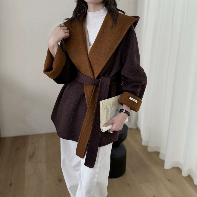New autumn and winter hooded color-block high-end wool double-sided coat for women, Korean style, sophisticated look, petite woolen coat New autumn and winter hooded color-block high-end wool double-sided coat for women, Korean style, sophisticated look, petite woolen coat