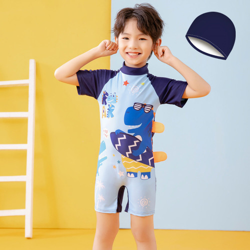 Cartoon children's swimsuit one-piece for boys, medium and small children, short-sleeved shorts swimwear for babies, boys, conservative swimming suit, stylish