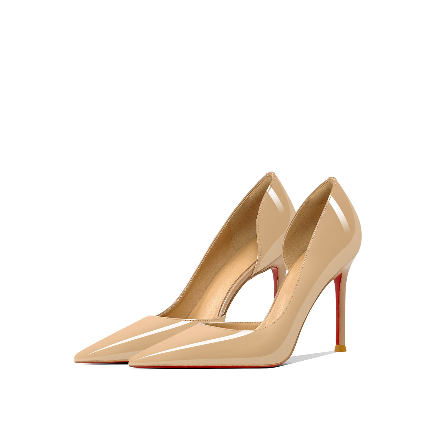 【现货】裸色侧空高跟鞋女细跟性感红底气质尖头黑色气质工作单鞋