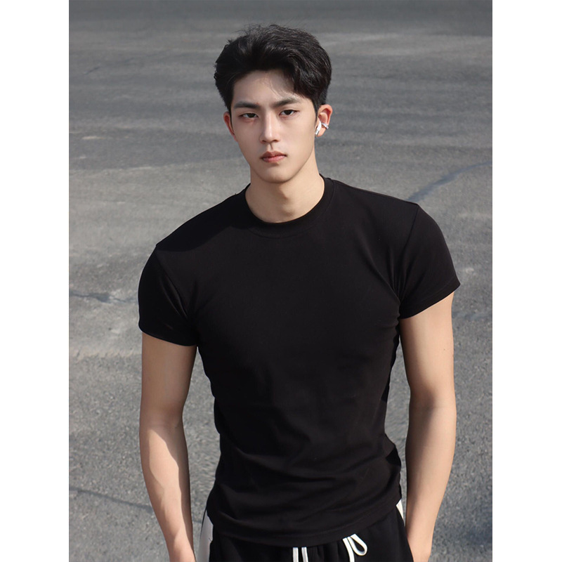 Sex Tension Wear Men's Cuff Tightening T-shirt Small Collar Pure Black Fitness Short Sleeve Modal Quick-drying Sports Half Sleeve Sex Tension Wear Men's Cuff Tightening T-shirt Small Collar Pure Black Fitness Short Sleeve Modal Quick-drying Sports Half Sleeve