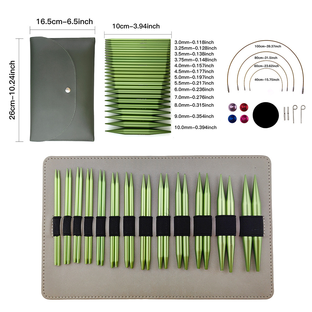 Agujas de suéter transfronterizas de óxido de aluminio verde desmontables 3.0 - 10.0mm13 tarjeta de pago cubierta PU