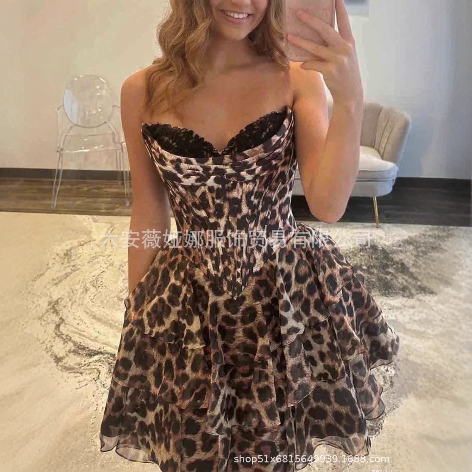 Amazon's New Tube Top Evening Dress Short Sexy Leopard Print Waist Slimming Elegant Dress Prom Dress for Women