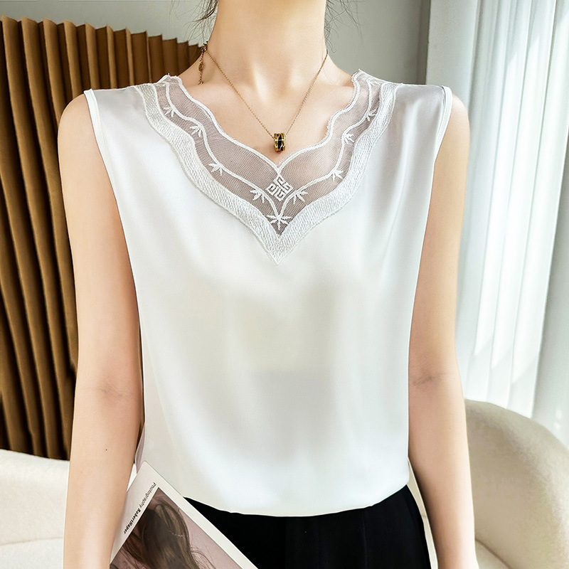 Silk Camisole Women's Summer Loose Inner Layer Mulberry Silk Shirt Outer Sleeveless T-Shirt Lace V Neck Top