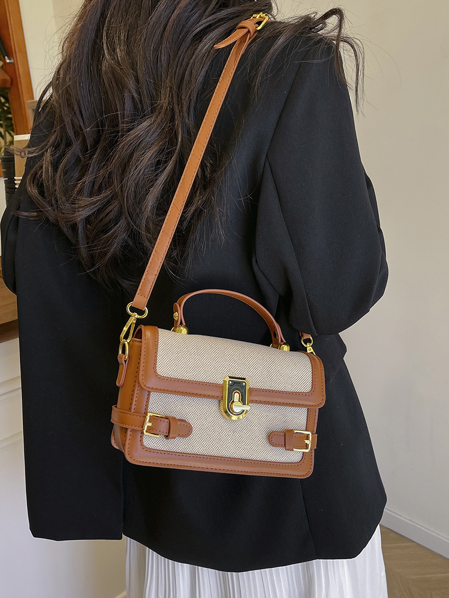 Bolso de mano de alta calidad para mujer 2025 nuevo bolso cuadrado pequeño con costuras de color en contraste retro textura de lino bandolera para mujer