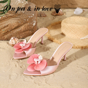 2025 New Flower Decorated Open-Toe Stiletto Pointed Toe Women's Summer Outer Wear Trendy Fashion Casual High-Heeled Sandals