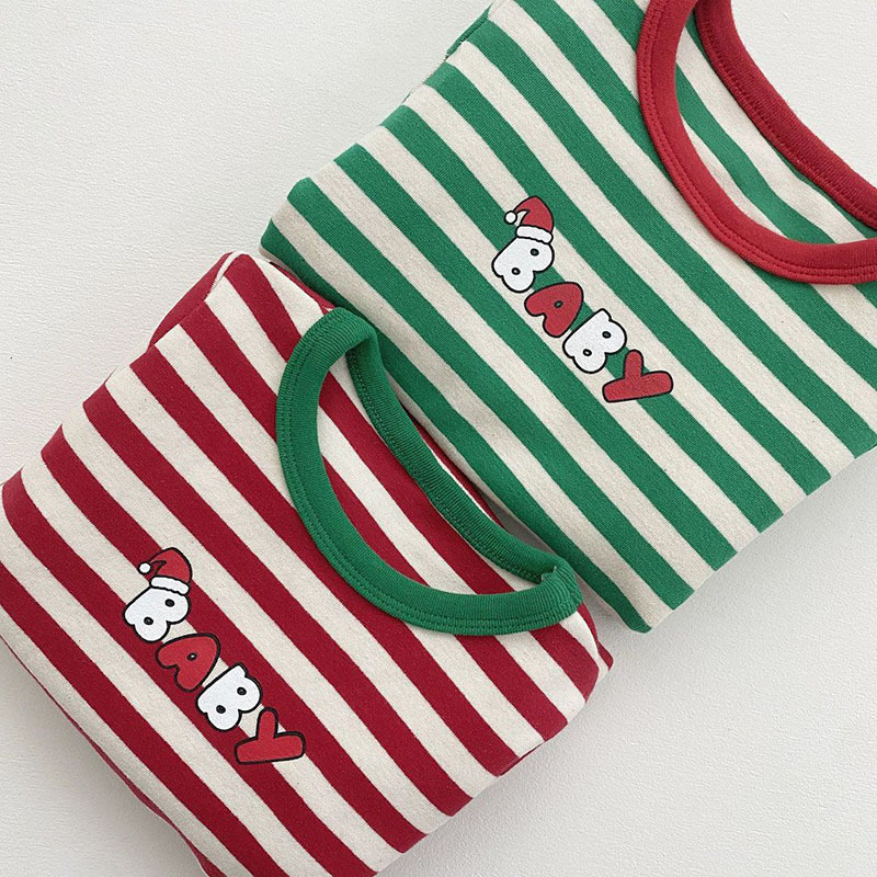 Nuevo Otoño e Invierno de algodón de manga larga a rayas de manga larga Jersey universal de tres piezas conjunto de Navidad abierto oculto hebilla mameluco