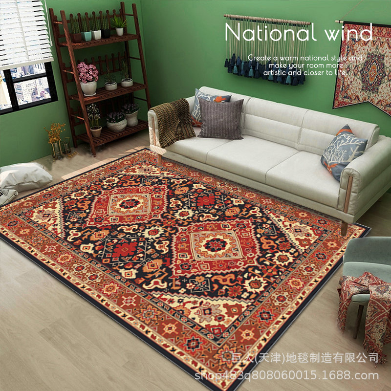 En stock persa retro estilo étnico sala de estar alfombra antideslizante resistente al desgaste del hogar de cristal de terciopelo dormitorio manta de noche