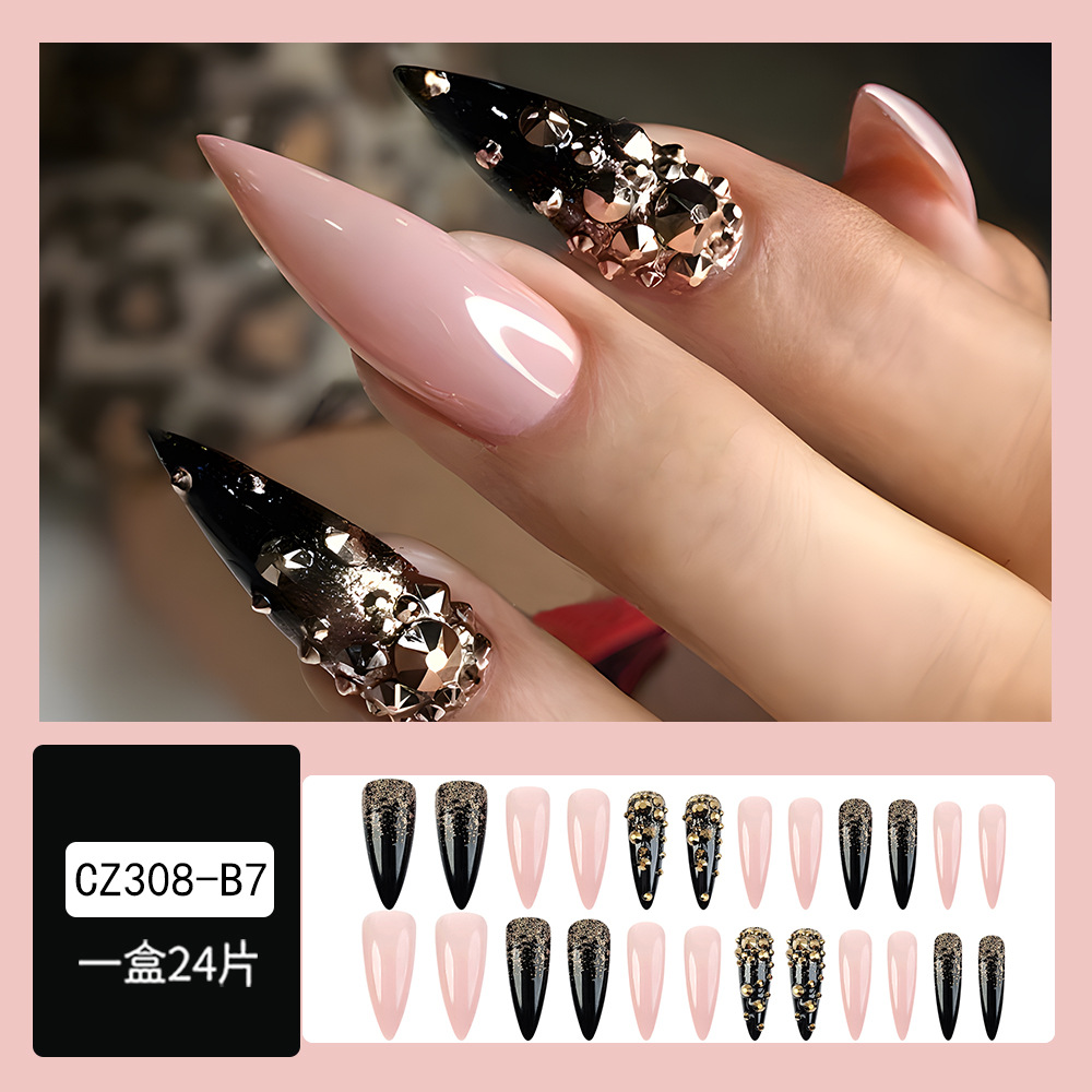Uñas postizas europeas y americanas de moda, estilo sexy, piezas de uñas con diamantes de imitación en rosa y negro, uñas postizas largas a presión