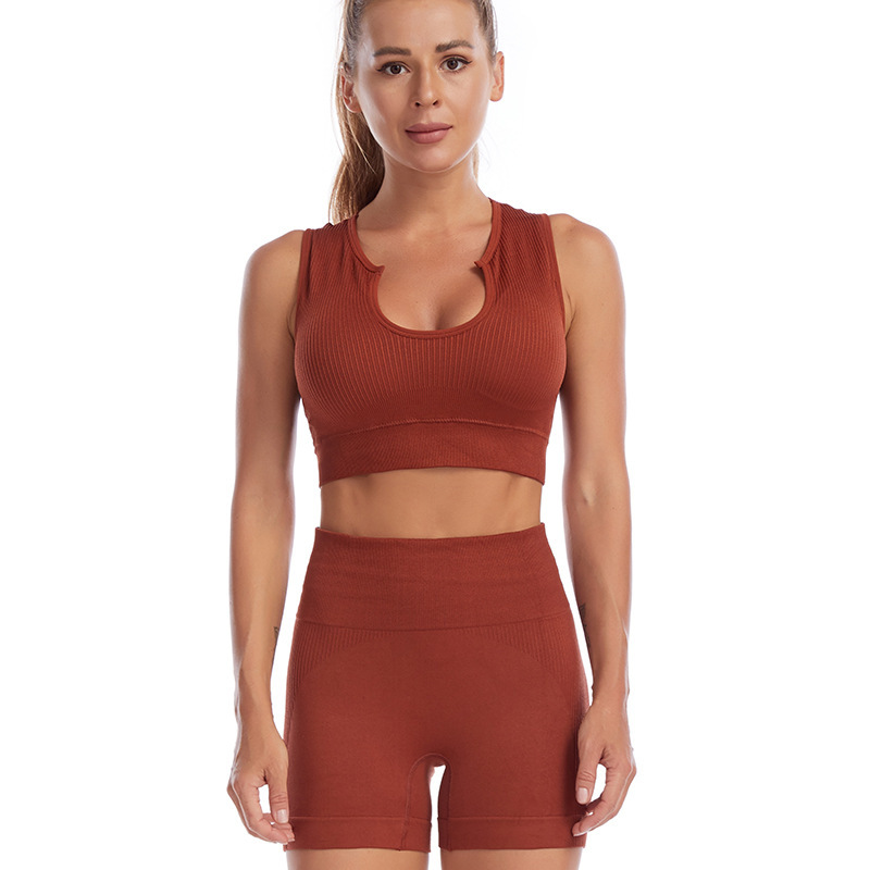 Traje de ropa de yoga transfronterizo, fitness femenino, correr, a prueba de golpes, recolección de ropa interior deportiva, sexy traje de pantalones cortos de chaleco en U profundo
