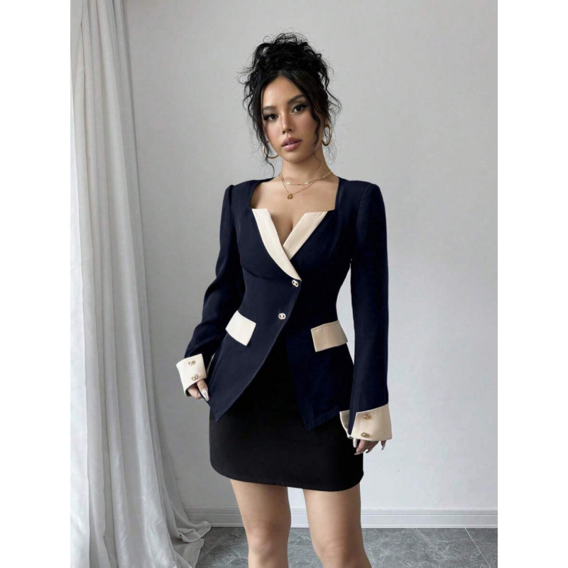 Cross-border Amazon European and American 2026 Autumn New V-neck Contrast Color Single-breasted Elegant Slim Fit Long-sleeve Blazer Cross-border Amazon European and American 2026 Autumn New V-neck Contrast Color Single-breasted Elegant Slim Fit Long-sleeve Blazer