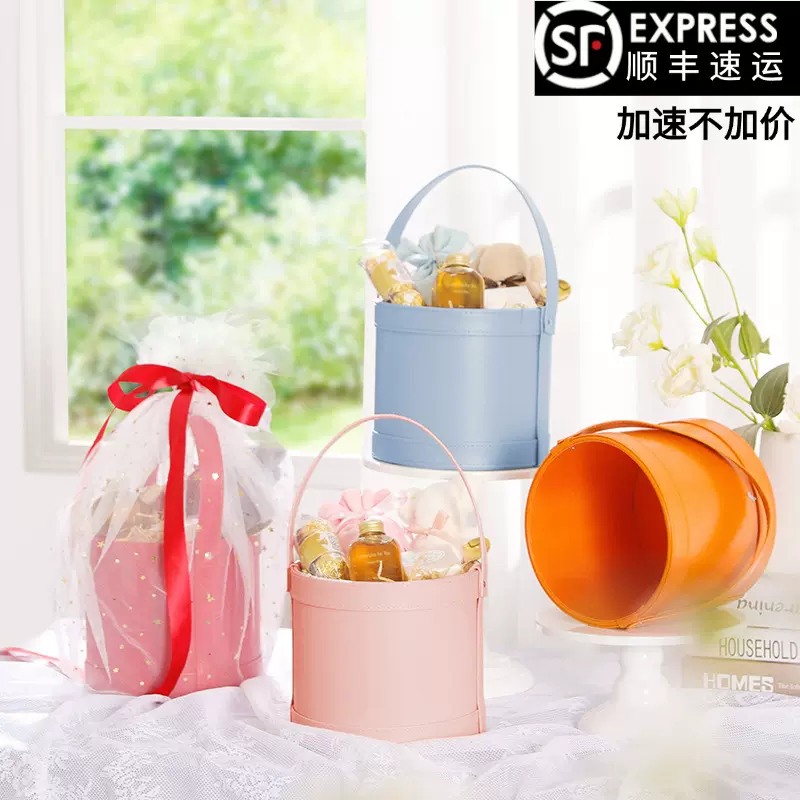 结婚伴手礼橙色桶宝宝周岁宴会回礼小皮桶创意圆形手提皮质抱抱桶