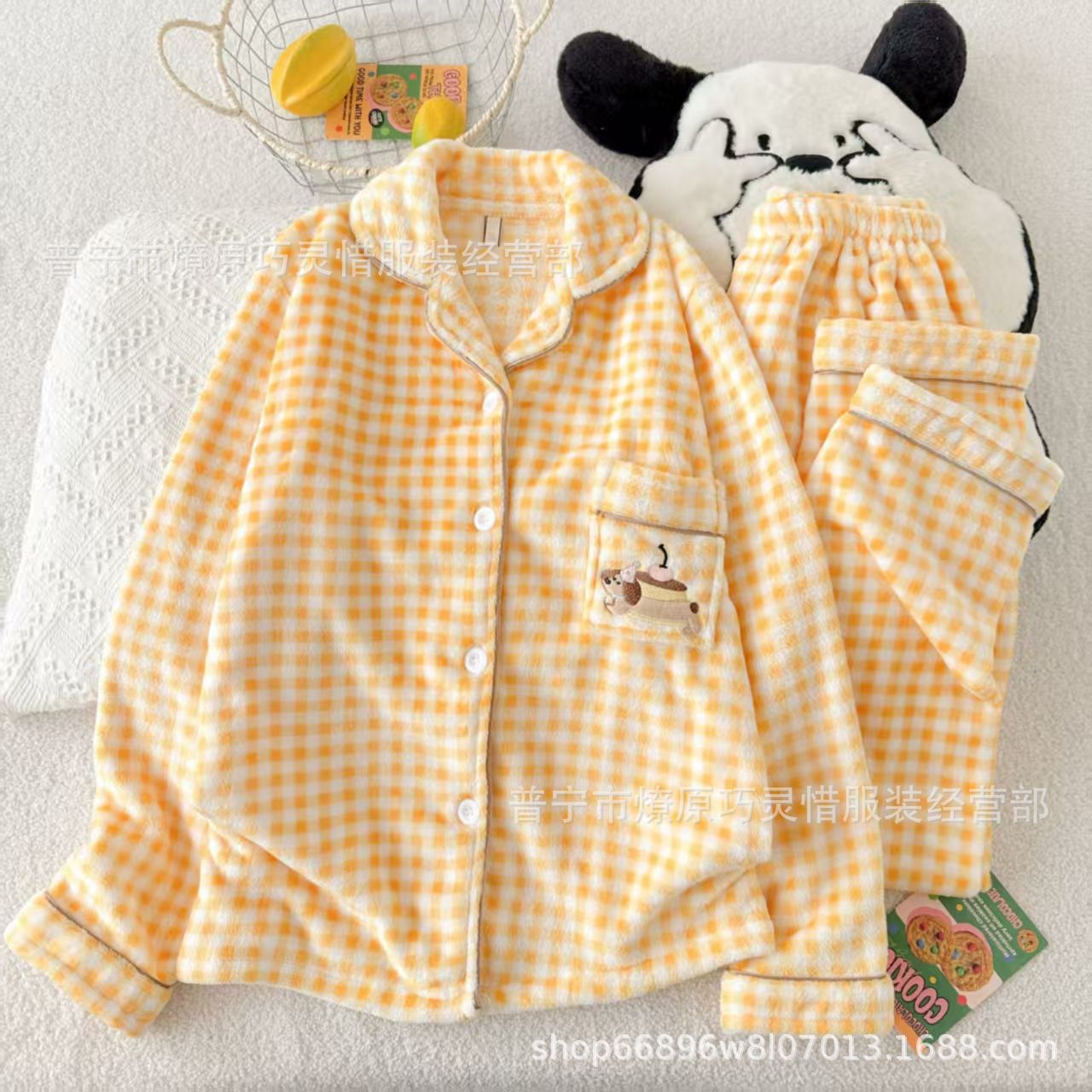 Franela otoño y invierno nueva linda niña caliente y gruesa dulce kitty gato suelto conjunto de pijamas se puede usar fuera