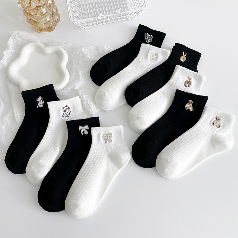 Black and White Thin Embroidered Short Tube Women's Socks Women's Socks Japanese Style Cute Cartoon Pure Cotton Academic Style Breathable Socks Black and White Thin Embroidered Short Tube Women's Socks Women's Socks Japanese Style Cute Cartoon Pure Cotton Academic Style Breathable Socks