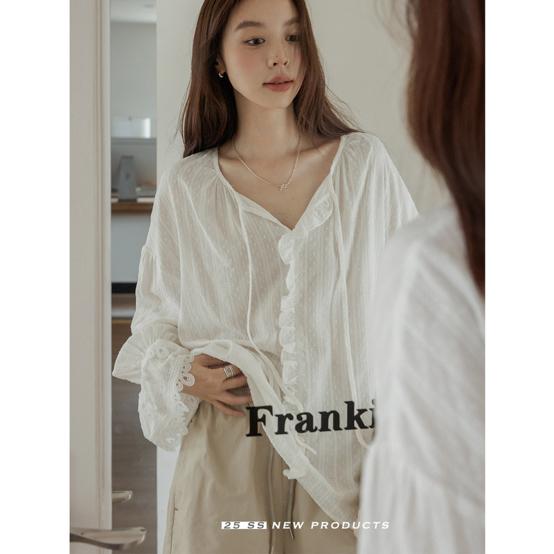 4590 # White V-neck lace sleeve pullover shirt for women, new summer design, all-cotton jacquard long-sleeve shirt 4590 # White V-neck lace sleeve pullover shirt for women, new summer design, all-cotton jacquard long-sleeve shirt