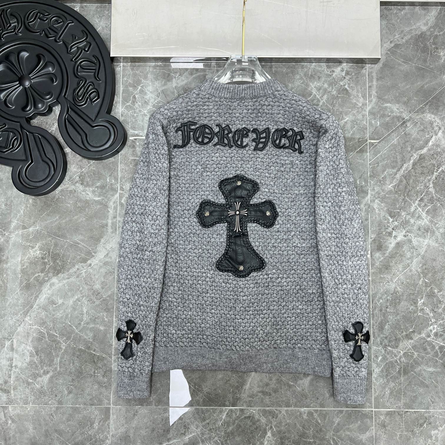 Chrome Hearts Crewneck Sweater Leather Cross Patch Grey