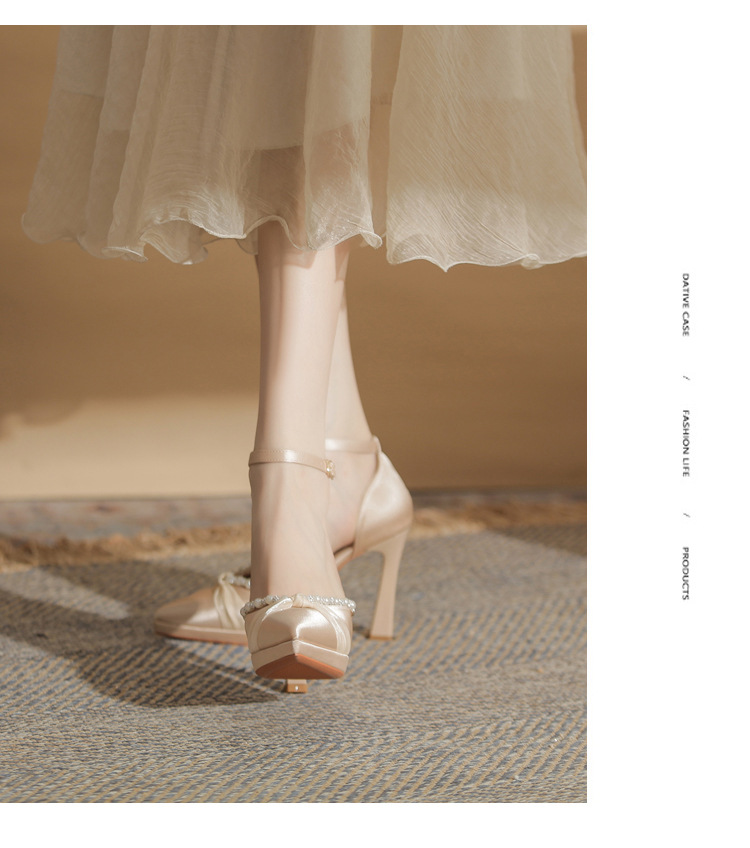 Sandal cao gót nữ Jin Gang YY10506 mũi nhọn hở mũi gót thô đế chống nước — Màu sâm panh chi tiết 17