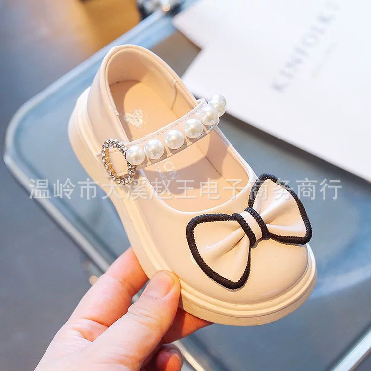 Children's shoes for leather shoes English style with bow from pearl for princess, 2023, autumn, trend of season, British style, soft sole