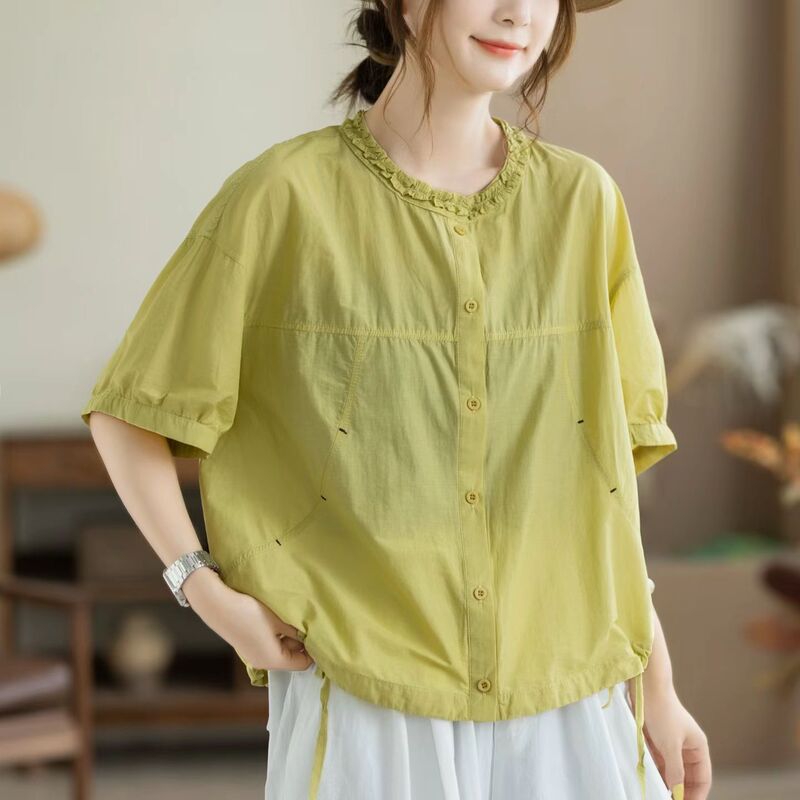 2026 Summer New Product Korean Style Loose Short-Sleeved Shirt for Women with Lace Collar and Drawstring Design Casual Top 81768