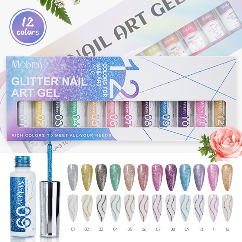 跨境美甲高密度爆闪拉线胶铂金银黑白色甲油胶勾边彩绘胶套装批发