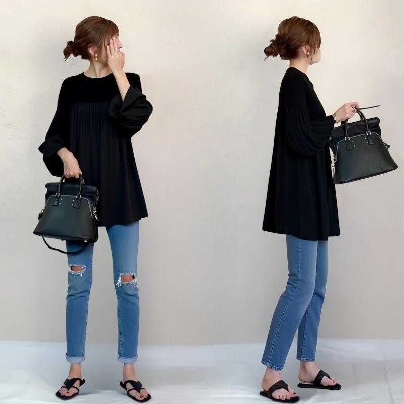 Korean Style Spring New Fashion Commuter Ol Round Neck Black Pleated Elastic Lantern Sleeve Splicing Long-Sleeved T-Shirt Top