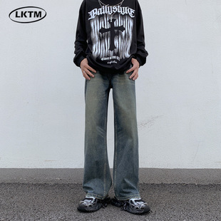 LKTM Men's Wear# American Washed Old Retro Micro-Lar Jeans Men's cleanfit Loose Slimming Pants