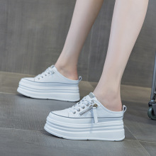 夏季新款厚底网纱拖鞋女外穿真皮包头半拖鞋内增高松糕女鞋子