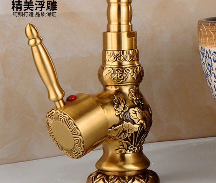European-style antique thickened full copper carved kitchen faucet, bathroom washbasin, cold and hot water dual household underfloor basin undefined