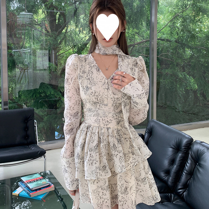 2025 春、夏、秋の新スタイル V ネック花柄ドレス女性の長袖ウエスト痩身ロングスカートフレンチレトロスカート|undefined
