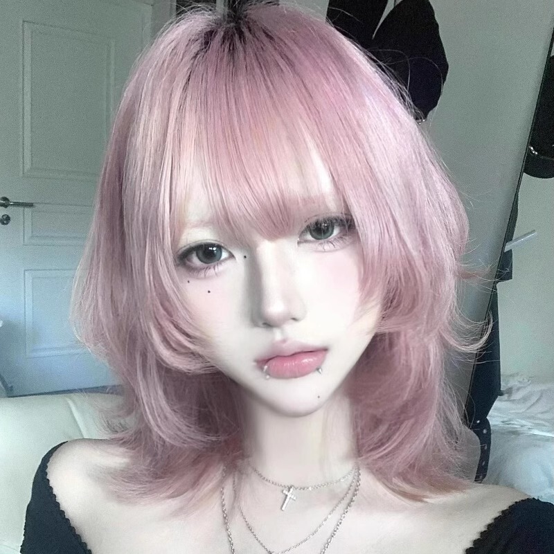 Wig Full Head Cover Women's Pink Style Daily Natural Clavicle Hair Simulation Hair Natural Level Short Curly Hair Mullet Head Wig Full Head Cover Women's Pink Style Daily Natural Clavicle Hair Simulation Hair Natural Level Short Curly Hair Mullet Head