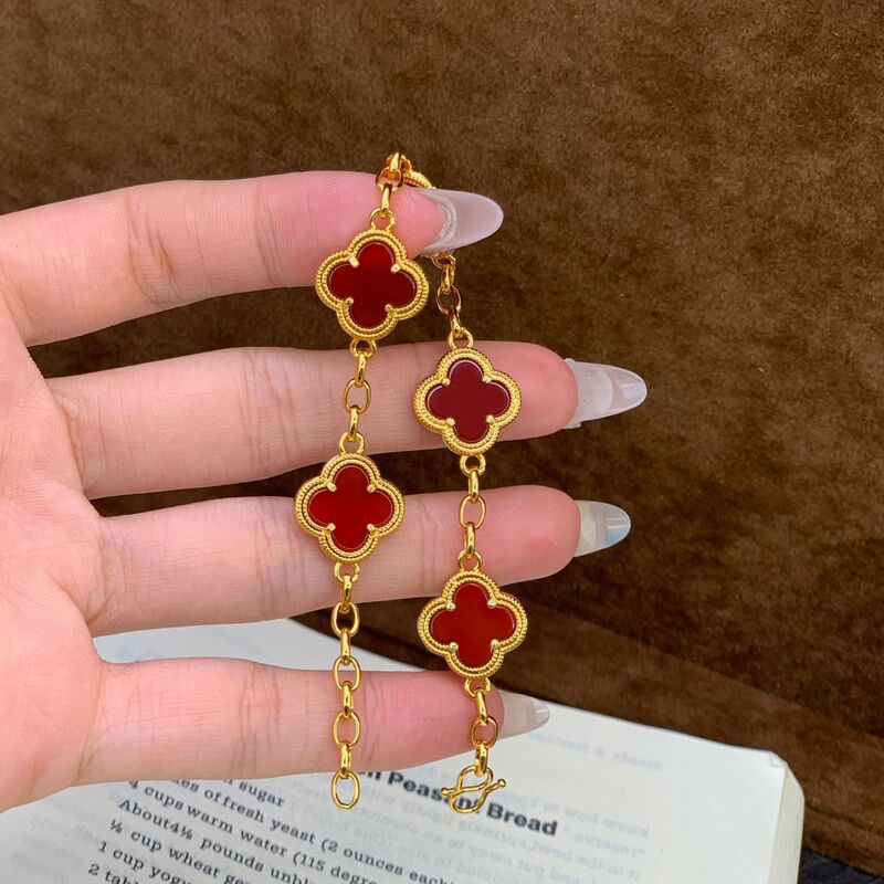 24K Real Gold Electroplated Bracelet with Strong Color Retention, Light Luxury and Classic Style, Thick Version with Double-Sided Red Floral Design, Same Style as Used in Gold Stores