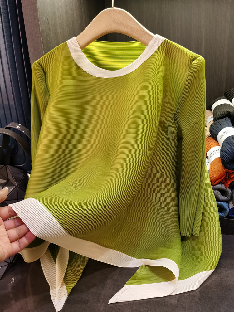 Áo thun nữ cổ tròn tay lỡ phối màu tương phản, dáng rộng xếp ly bất đối xứng — Màu xanh, Màu tím hồng, Màu đỏ hoa hồng, Màu hồng