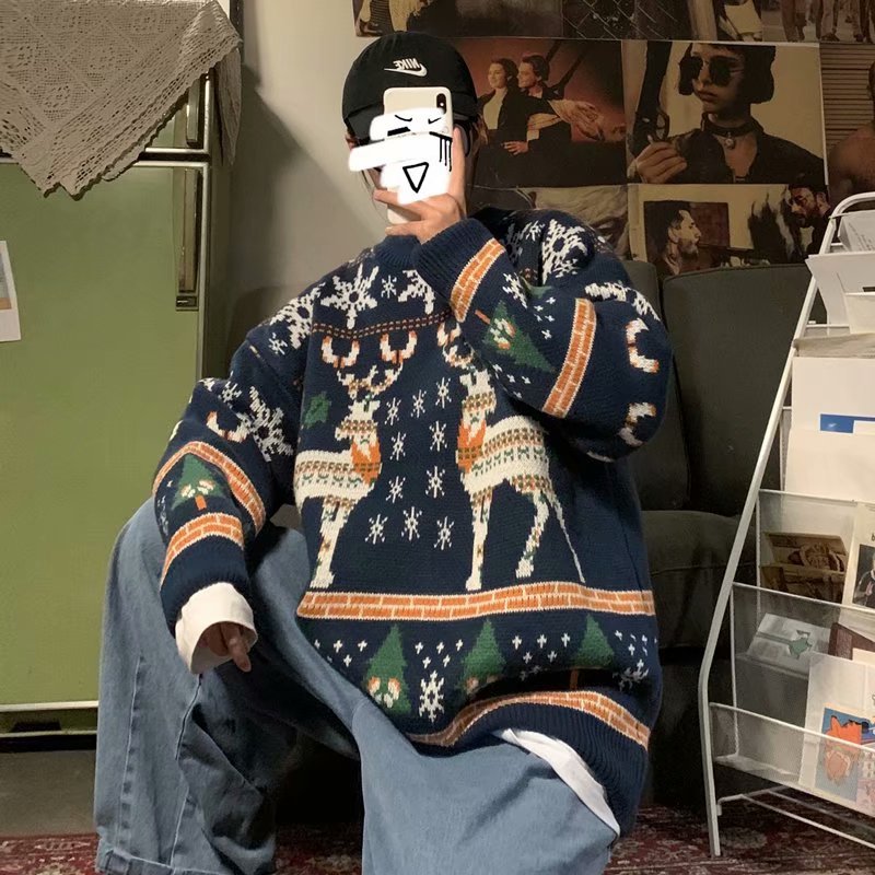 Estilo coreano estilo de Hong Kong suéter flojo suéter de Navidad ins abrigo de pareja de invierno engrosado de los hombres