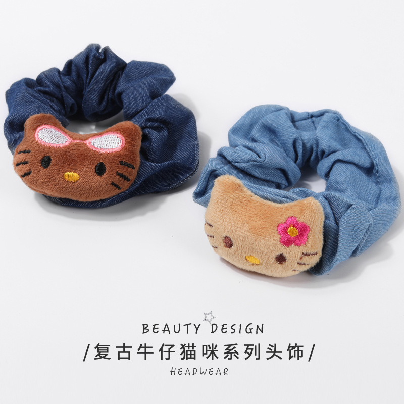 Hello Kitty Denim Pig Intestine Hair Tie for Women, New Cat Hair Tie That Doesn'T Damage Hair, Elastic Band for Summer Women's Hair Styling Accessory