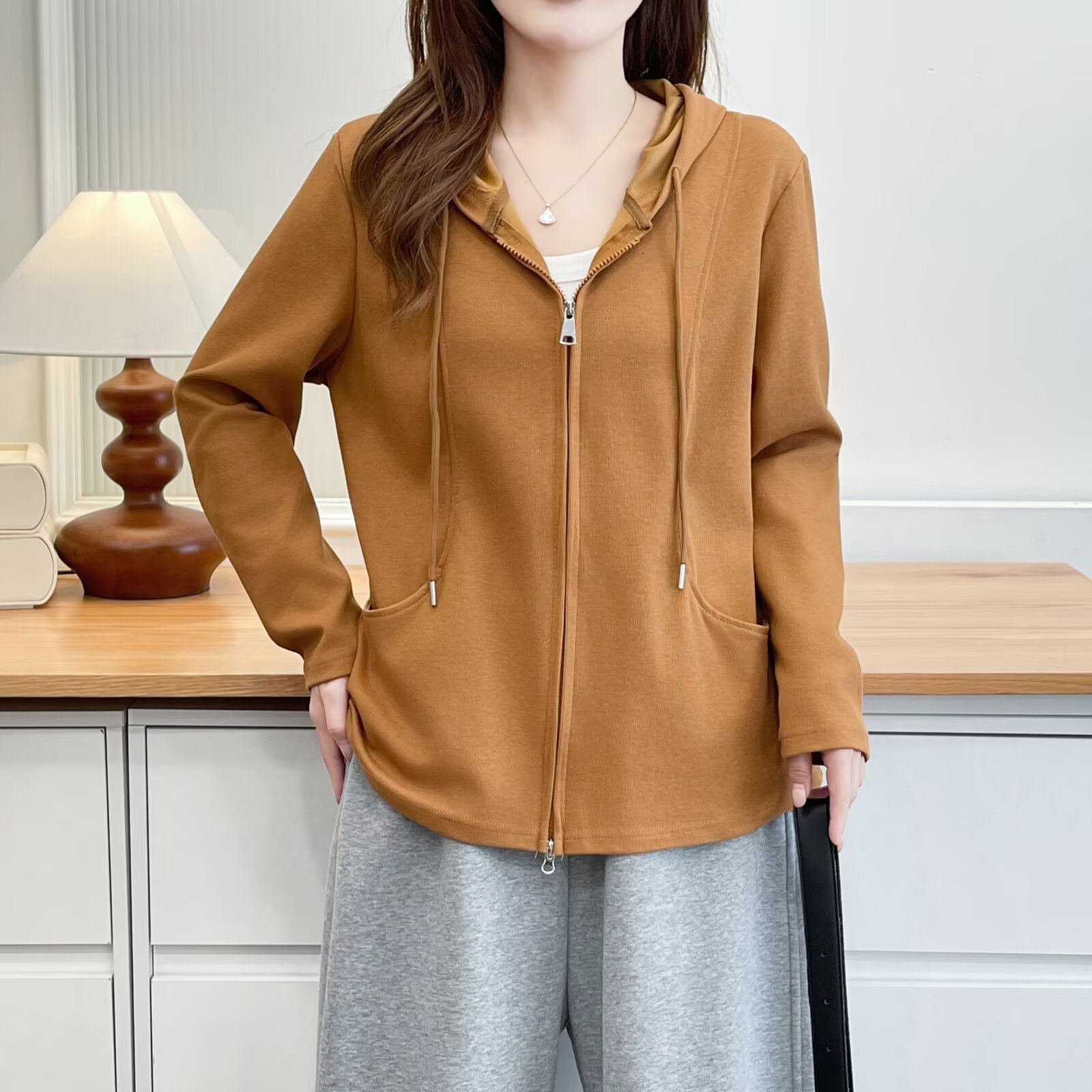 [Special] 100kg Women's Autumn Plus Size Simple Versatile 3D Cut Double Zipper Hooded Top 1088