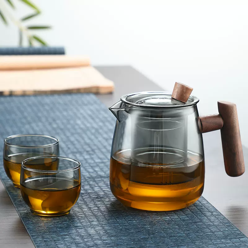 侧把茶壶玻璃煮茶器电陶炉耐高温泡茶壶木把单壶过滤功夫茶具套装