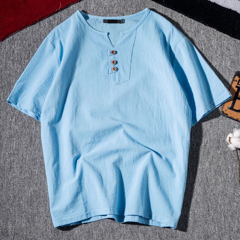 Camiseta de manga corta de algodón y lino de verano para hombre, camiseta suelta de media manga, ropa con cuello en V de lino de marca de moda china para hombre image 11