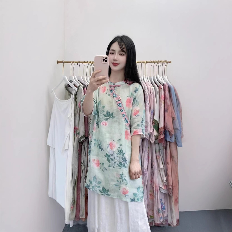 Ramie Mid-Length T-Shirt 2026 Summer New Style with Buttoned Print Robe, Loose Embroidered Short Dress 2369