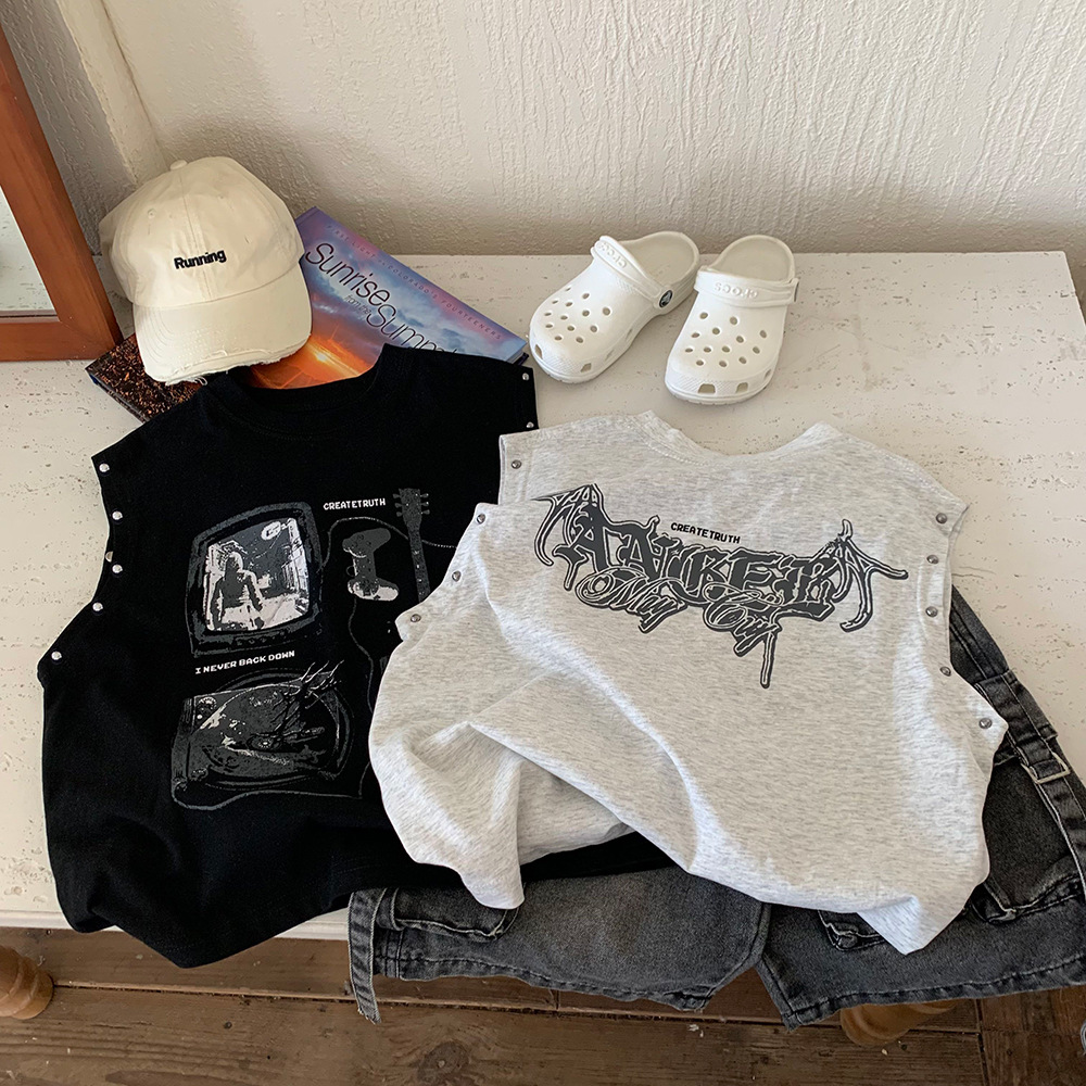 Boys' Vest Summer 2025 New Summer Mid-Big Children American Style Sleeveless Base Children's T-Shirt Girls' Top Trendy T