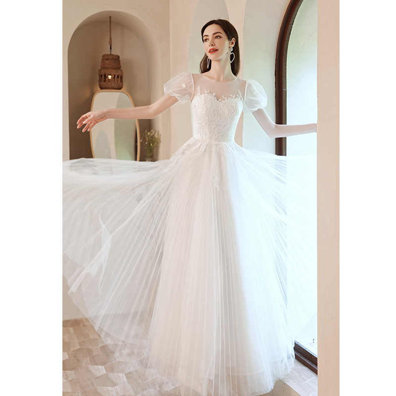 Vestido de Novia Estilo Princesa con Mangas Abullonadas, Vestido de Dama de Honor Blanco, Nuevo Estilo 2026, Elegante Vestido para Presentadora de Pasarela