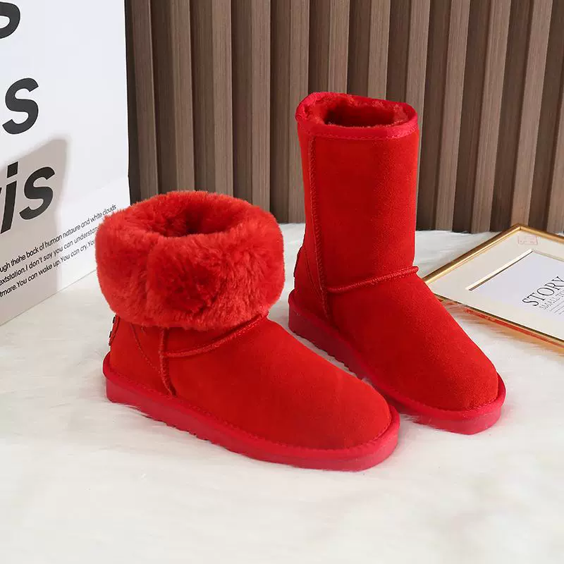 Мягкие кожаные красные снежные сапоги женская средняя труба плюшевая утолщение, теплая и нескользящая северо-восточная шерстяная хлопчатобумажная обувь теплая и утолщая