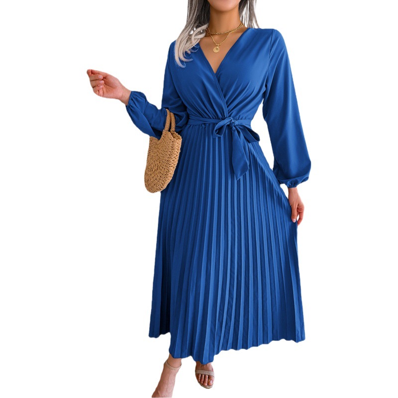 Hot-Selling Real-Shot 2026 European and American Autumn/Winter Elegant Cross V-Neck Pleated Long Skirt Amazon Cross-Border Women's Fashion
