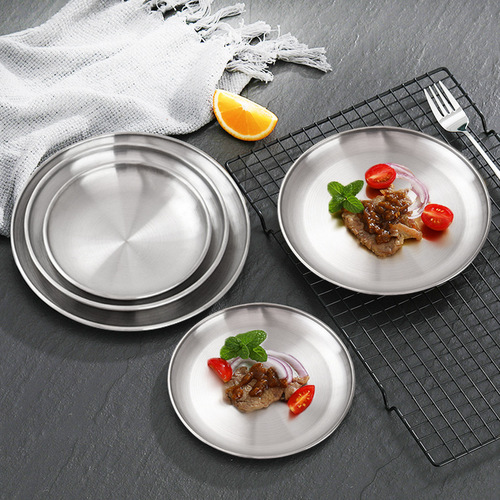 Food-grade Korean stainless steel disc barbecue plate silver tray fruit plate barbecue buffet plate shallow plate bone plate