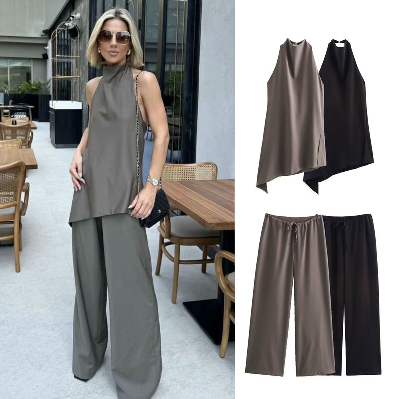 Aliexpress Hot-Selling Cross-Border European and American Women's Fashion Za Halter Neck Minimalist Asymmetrical Top and Tie-Up Long Pants Set