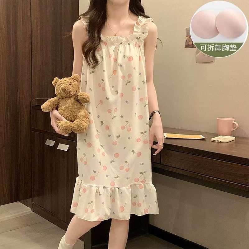 Venta al por mayor transfronteriza con almohadilla para el pecho pijamas para mujer verano espuma camisón camisón ropa a domicilio dulce y linda almohadilla para el pecho desmontable