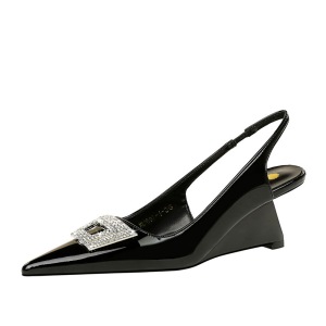 1097-K60 European and American women's shoes with sloping heels, high heels, patent leather, shallow mouth, pointed