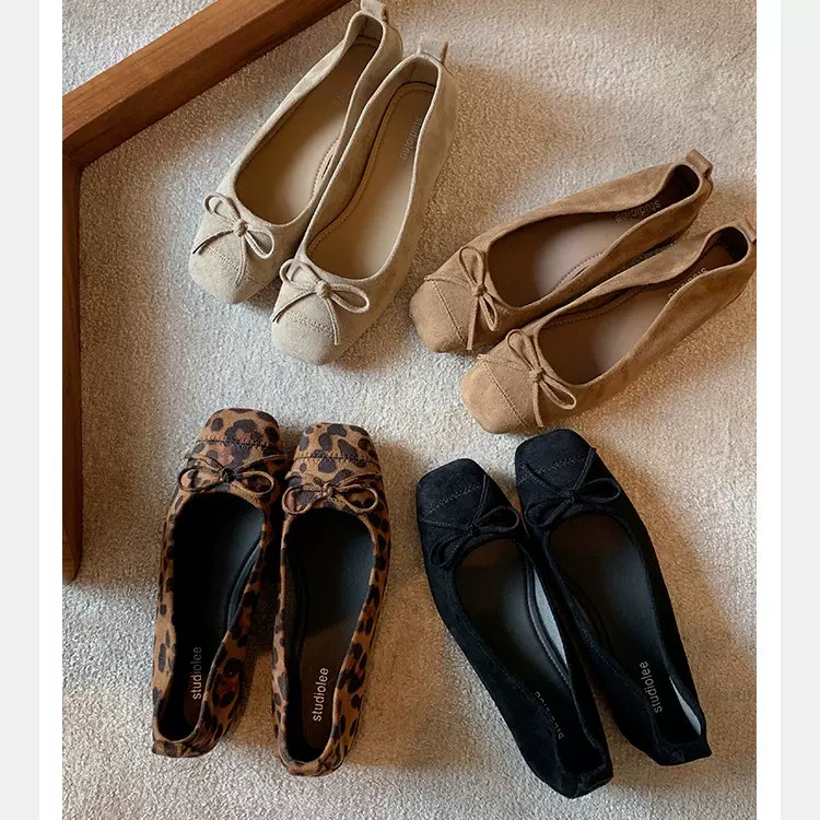 葡萄妈同款现货~ 气质方头浅口蝴蝶结小粗跟百搭豹纹超软单鞋女秋