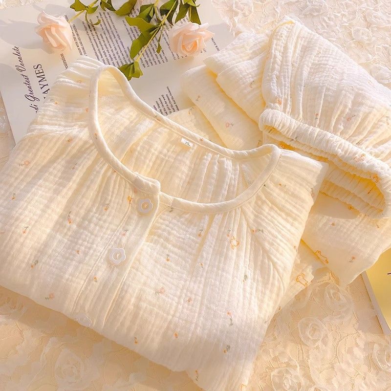 Walking pajamas women's cotton yarn spring and autumn home wear pure cotton gauze bunny floral chubby girl plus size go out suit