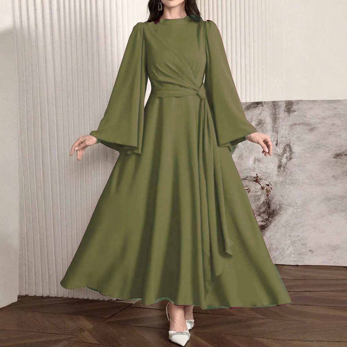 Women's Solid Color Long Sleeved Casual Maxi Dress Slim Fit Stand Collar Back Zipper New European American Style_ecoleips.com